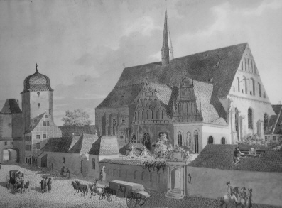 Grimmaische Straße mit Blick zur Universitätskirche St. Pauli und dem Grimmaischen Tor. Kupferstich um 1790